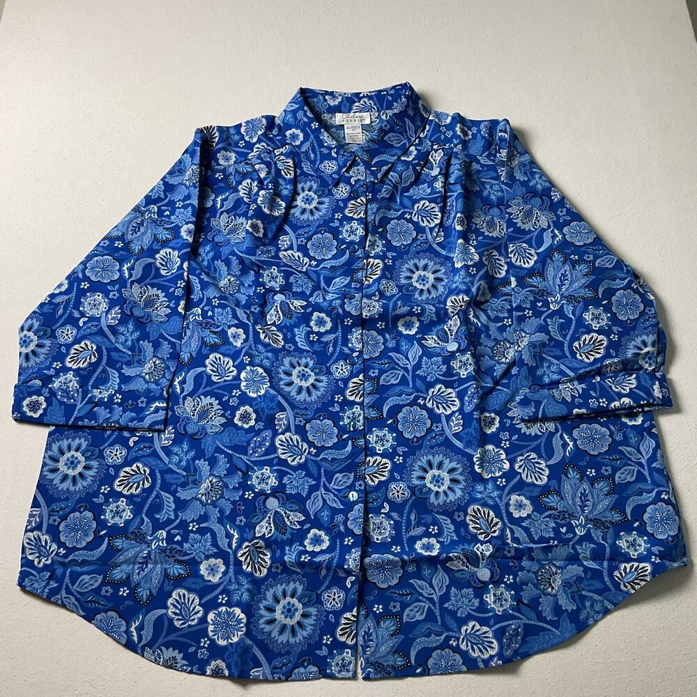 Chelsea Studio Blue Floral Button Down Dress Shirt Womens Plus Size 2X